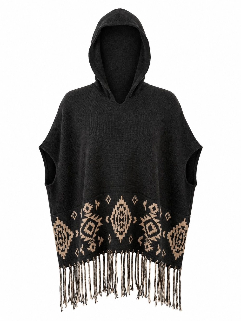 CHARLIE PAIGE | Black Tan Wool Aztec Hooded Fringe Poncho Cape | One Size OS